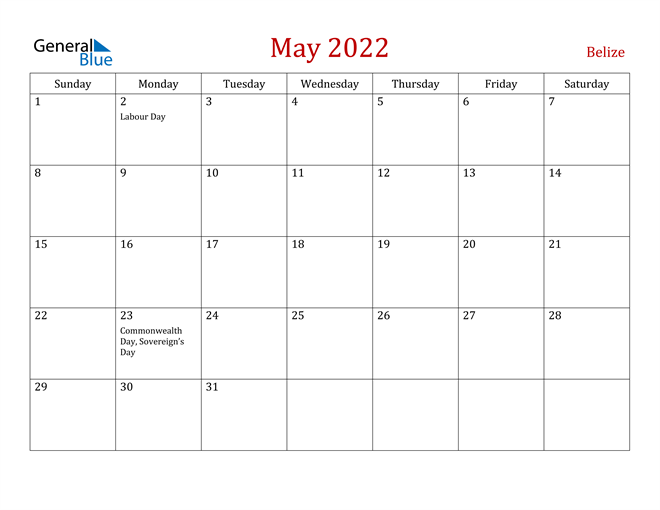 Belize May 2022 Calendar