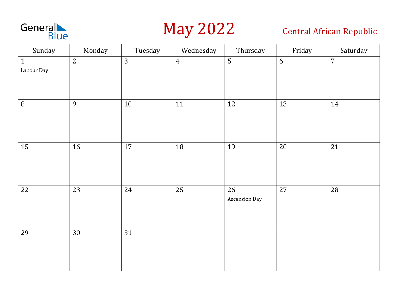 may 2022 calendar central african republic