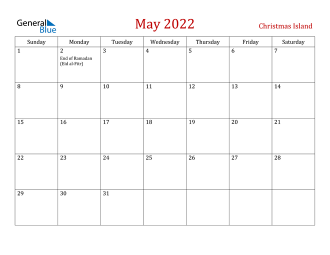 Christmas Island May 2022 Calendar