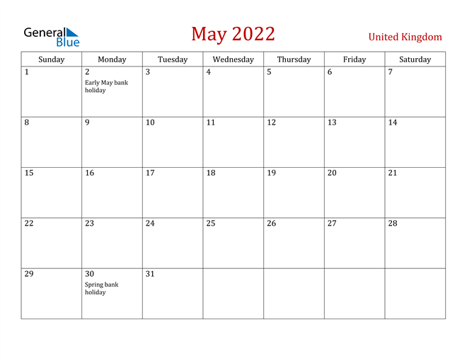 May Schedule 2022 United Kingdom May 2022 Calendar With Holidays