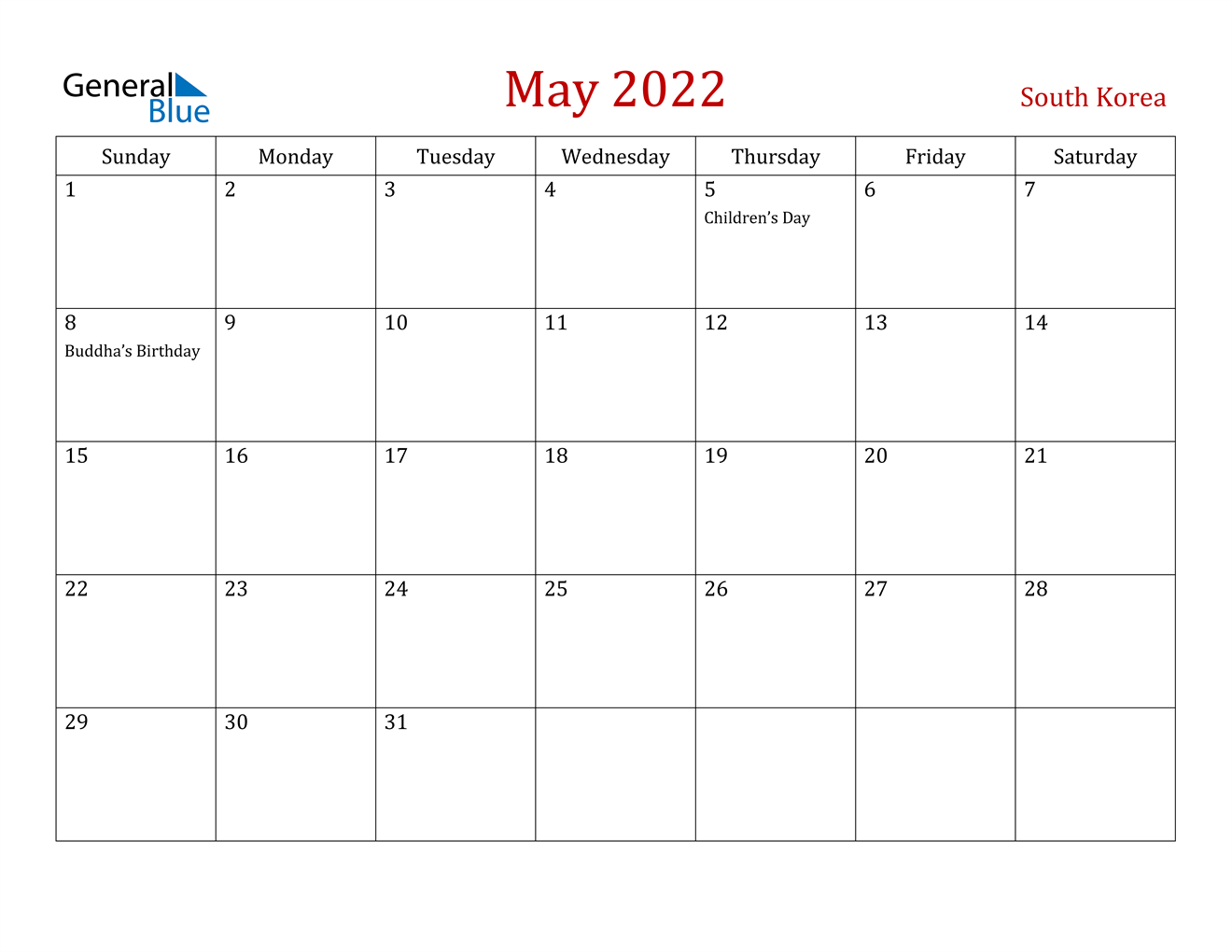 May 2022 Calendar - South Korea