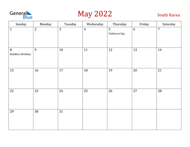 South Korea May 2022 Calendar
