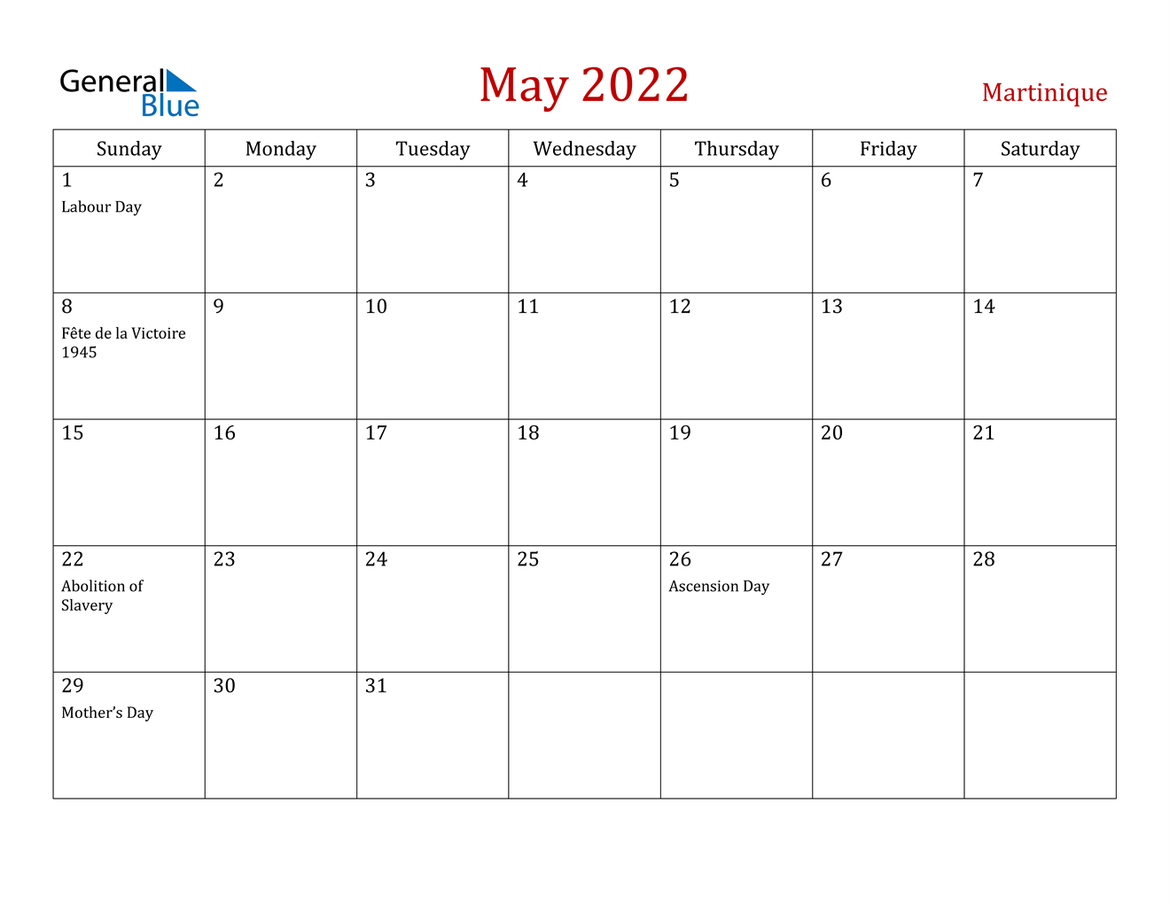 may 2022 calendar martinique