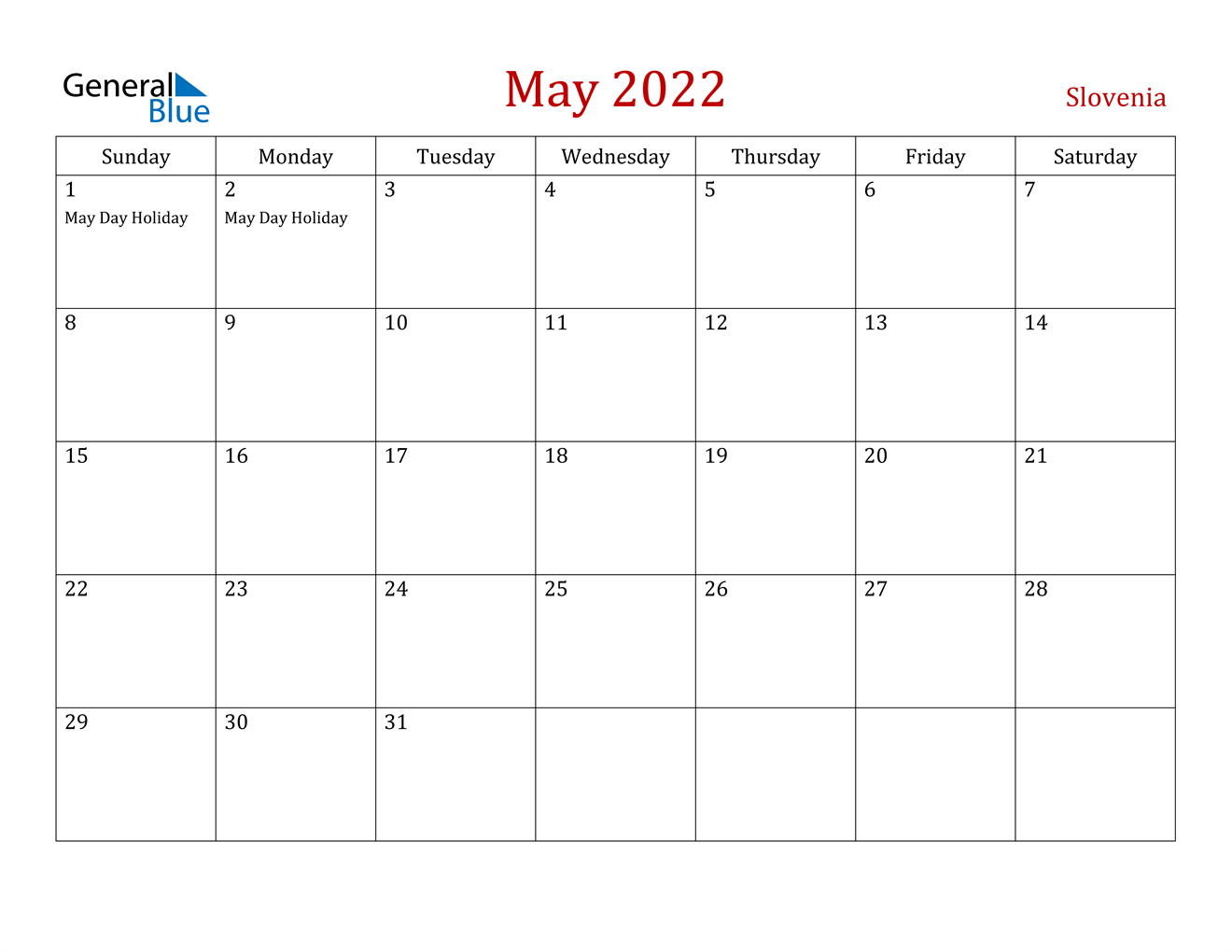 may 2022 calendar slovenia