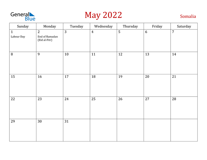 Somalia May 2022 Calendar