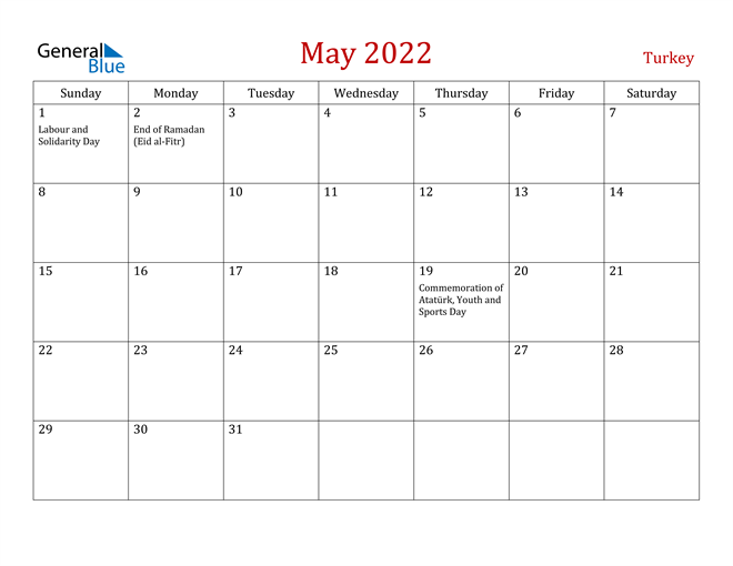 Turkey May 2022 Calendar