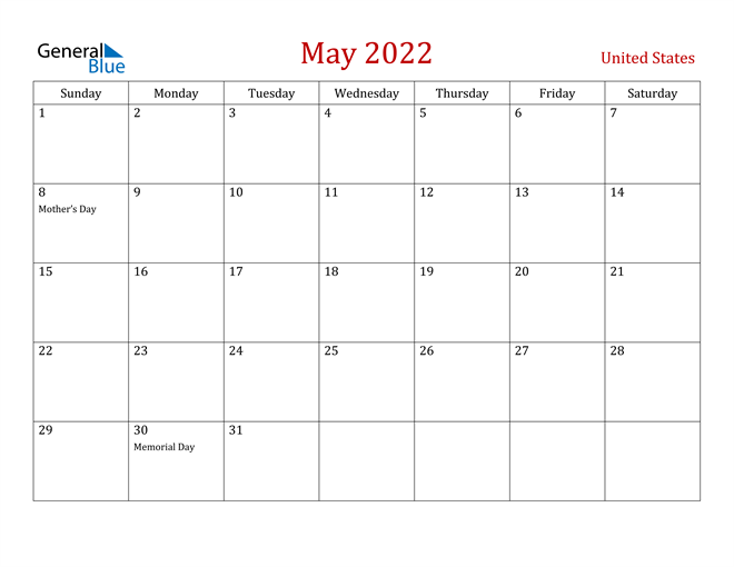 May 2022 Printable Calendar With Holidays United States May 2022 Calendar With Holidays