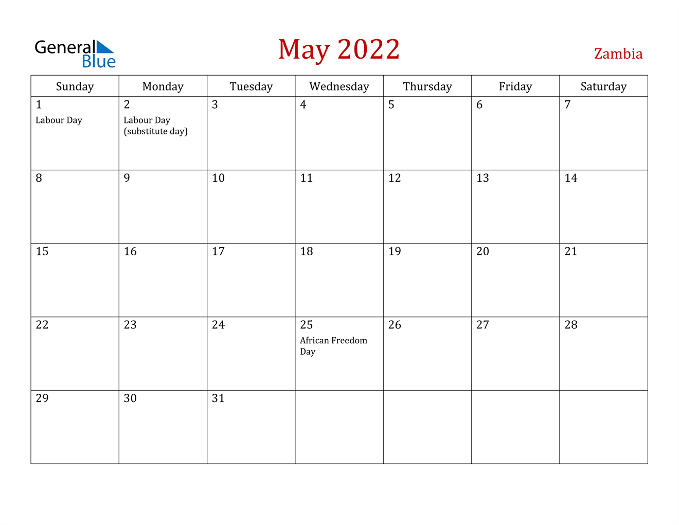 may 2022 calendar zambia