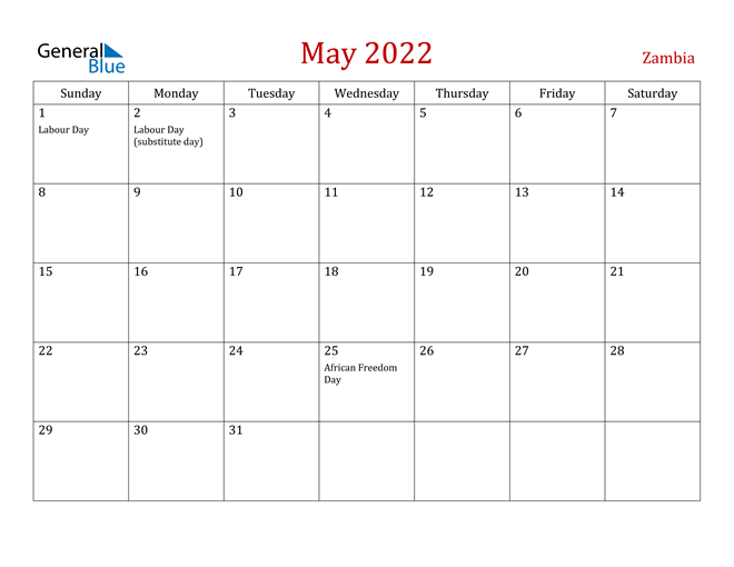 zambia may 2022 calendar with holidays