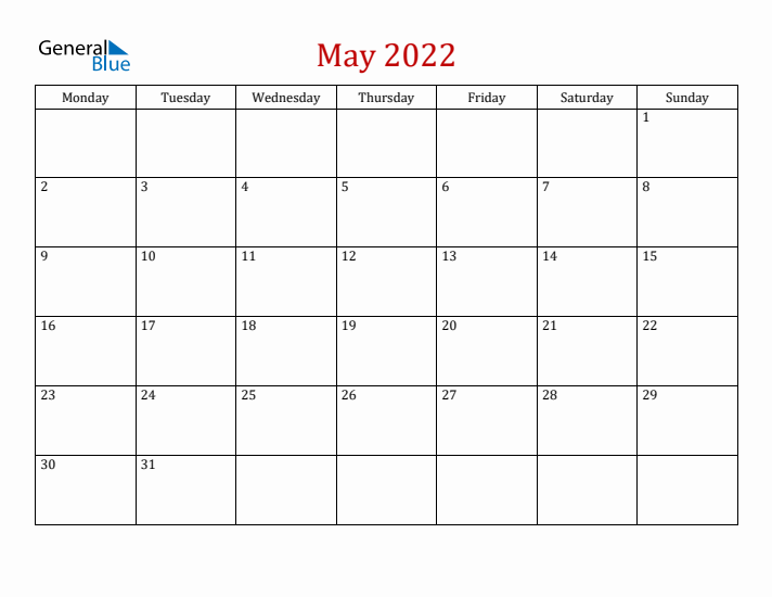 Blank May 2022 Calendar with Monday Start