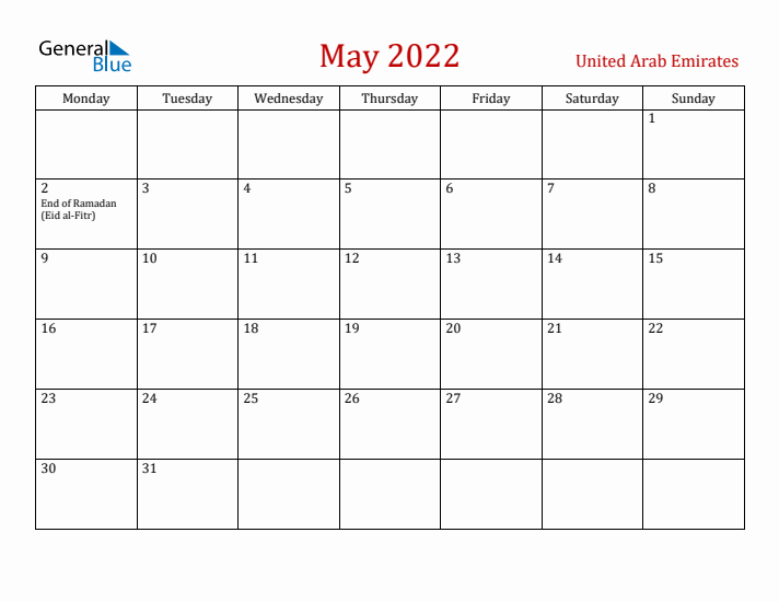 United Arab Emirates May 2022 Calendar - Monday Start
