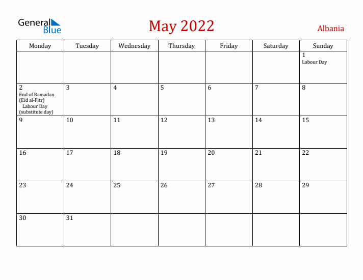 Albania May 2022 Calendar - Monday Start