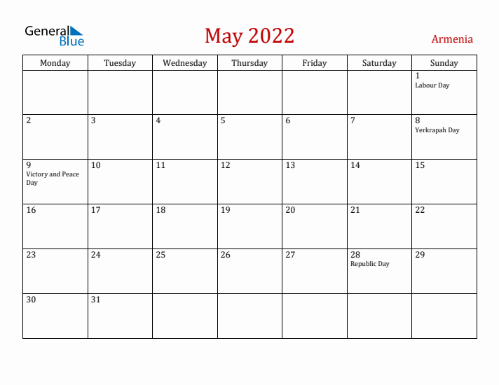 Armenia May 2022 Calendar - Monday Start