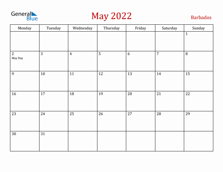 Barbados May 2022 Calendar - Monday Start