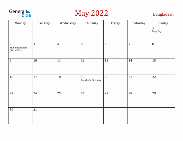 Bangladesh May 2022 Calendar - Monday Start