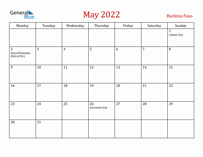 Burkina Faso May 2022 Calendar - Monday Start