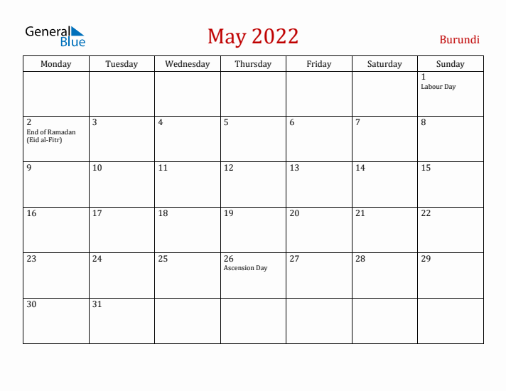 Burundi May 2022 Calendar - Monday Start