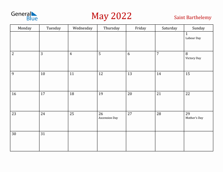 Saint Barthelemy May 2022 Calendar - Monday Start