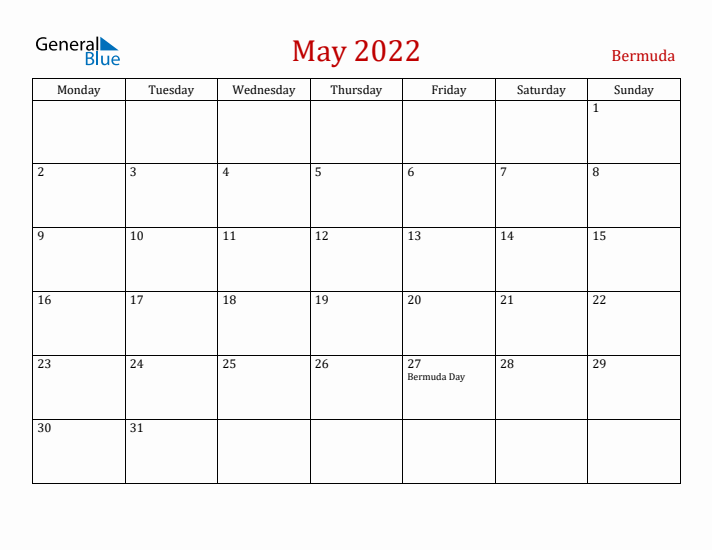 Bermuda May 2022 Calendar - Monday Start