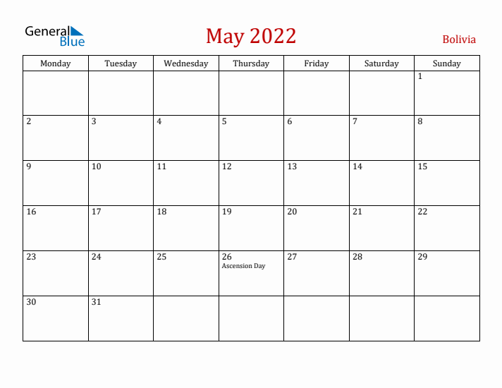 Bolivia May 2022 Calendar - Monday Start