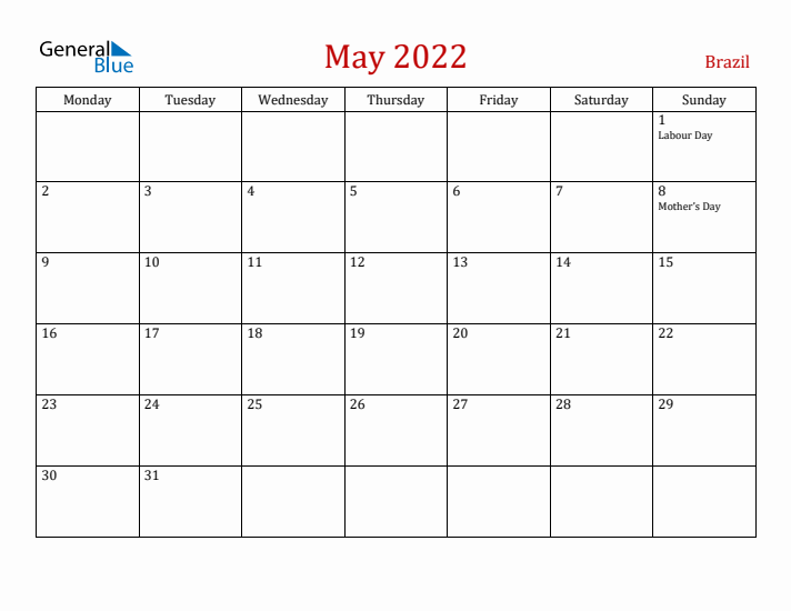 Brazil May 2022 Calendar - Monday Start