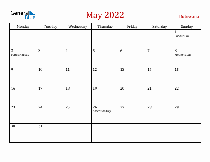 Botswana May 2022 Calendar - Monday Start