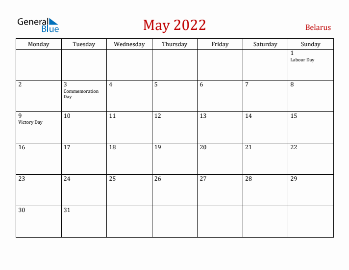 Belarus May 2022 Calendar - Monday Start