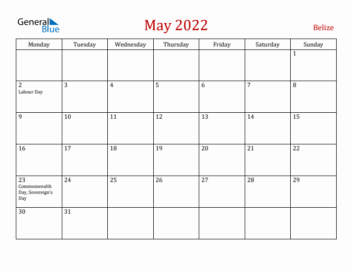 Belize May 2022 Calendar - Monday Start