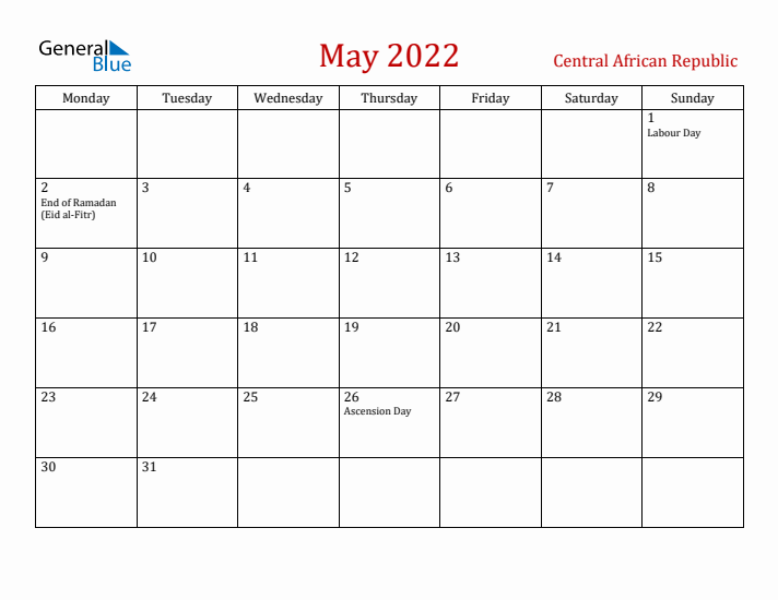 Central African Republic May 2022 Calendar - Monday Start