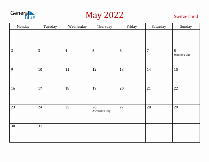 Switzerland May 2022 Calendar - Monday Start