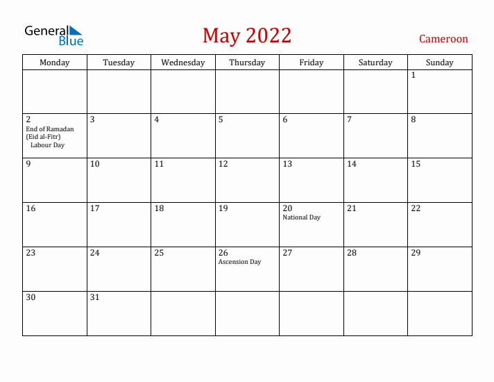 Cameroon May 2022 Calendar - Monday Start