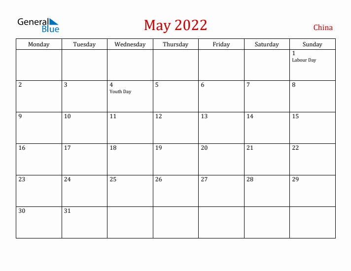 China May 2022 Calendar - Monday Start