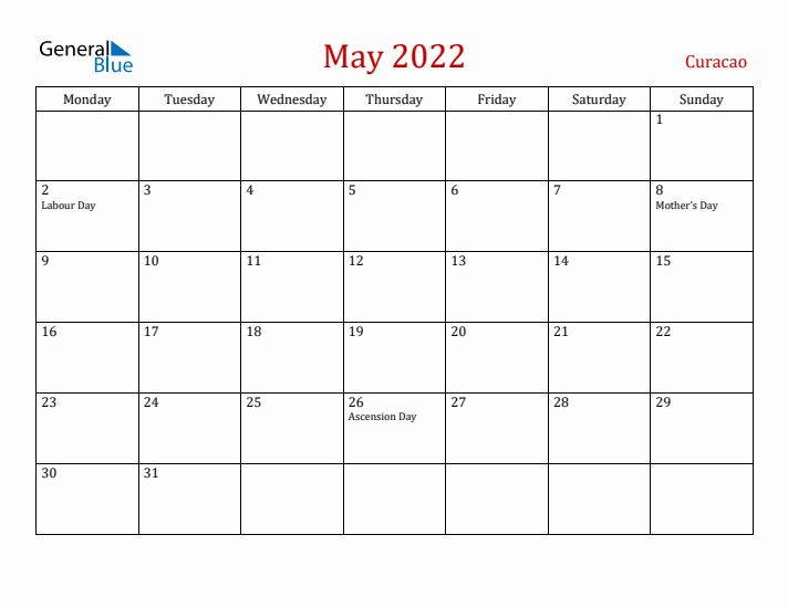 Curacao May 2022 Calendar - Monday Start