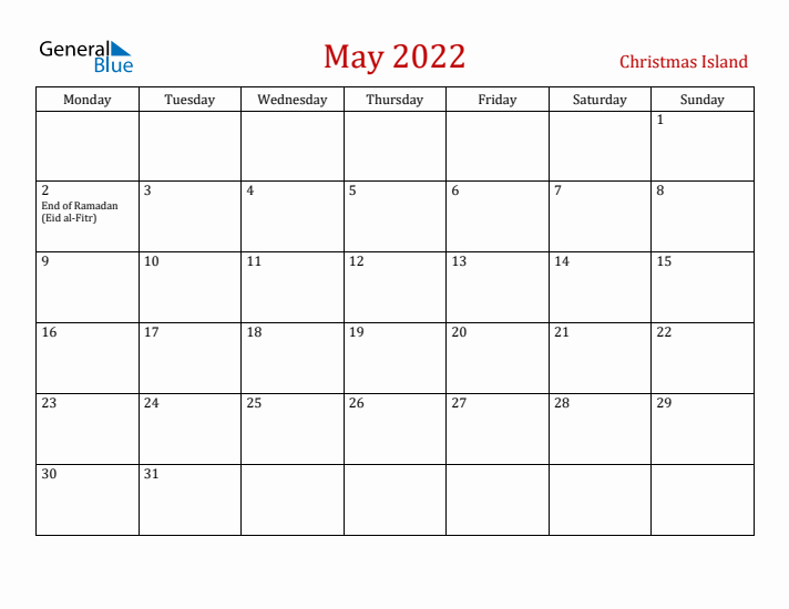 Christmas Island May 2022 Calendar - Monday Start