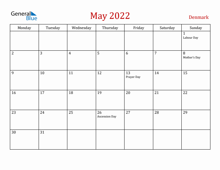 Denmark May 2022 Calendar - Monday Start