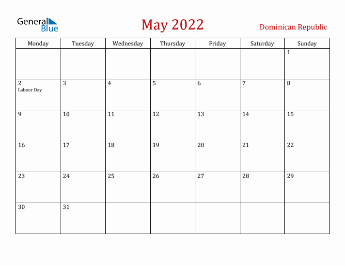 Dominican Republic May 2022 Calendar - Monday Start