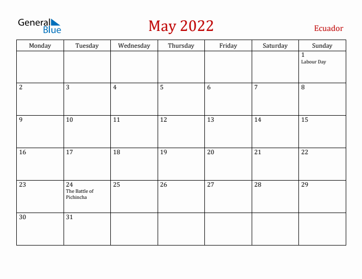 Ecuador May 2022 Calendar - Monday Start
