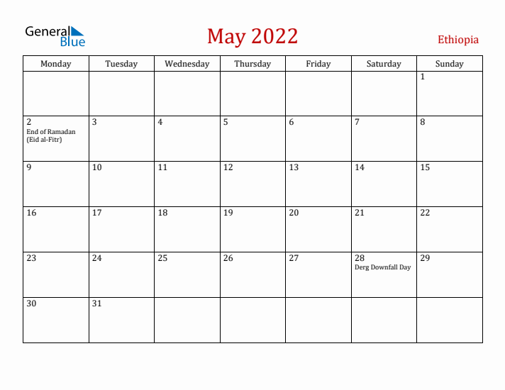 Ethiopia May 2022 Calendar - Monday Start