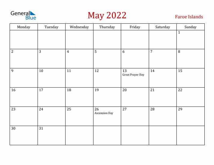 Faroe Islands May 2022 Calendar - Monday Start