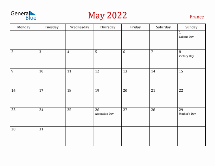 France May 2022 Calendar - Monday Start