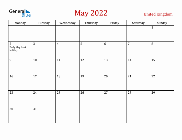 United Kingdom May 2022 Calendar - Monday Start