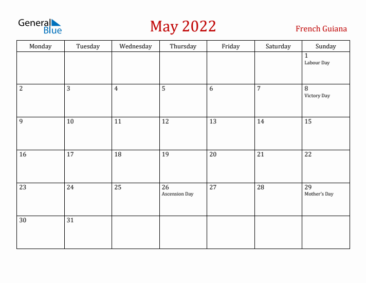 French Guiana May 2022 Calendar - Monday Start