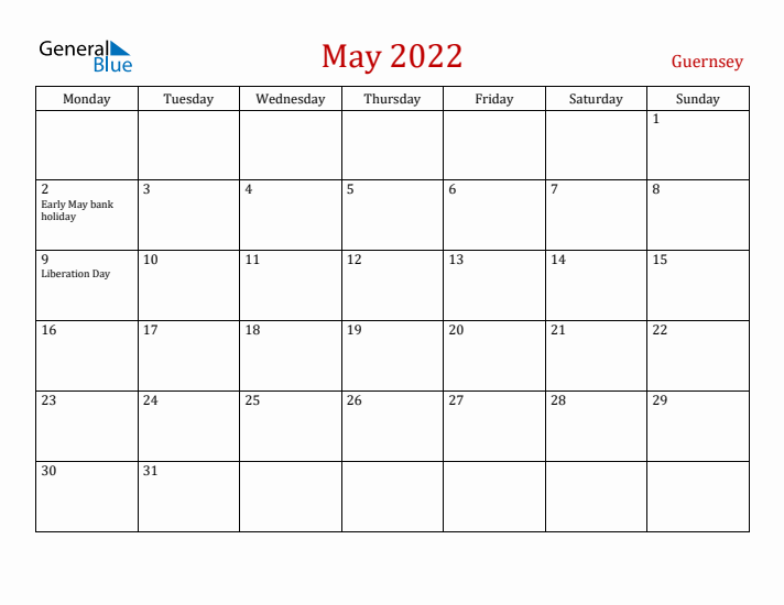 Guernsey May 2022 Calendar - Monday Start