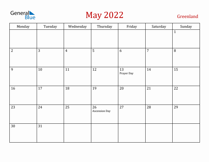 Greenland May 2022 Calendar - Monday Start