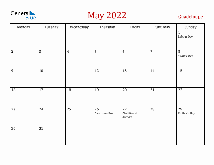 Guadeloupe May 2022 Calendar - Monday Start