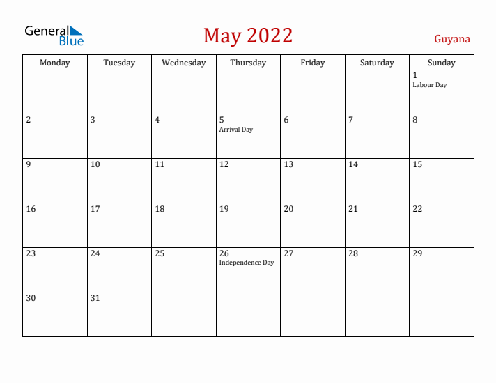 Guyana May 2022 Calendar - Monday Start