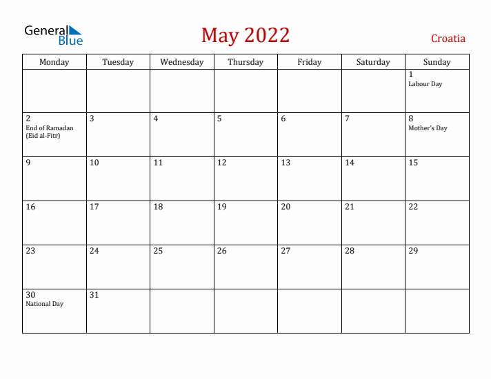 Croatia May 2022 Calendar - Monday Start
