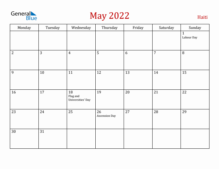 Haiti May 2022 Calendar - Monday Start
