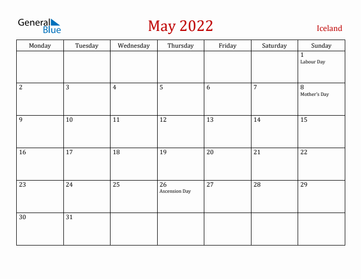 Iceland May 2022 Calendar - Monday Start