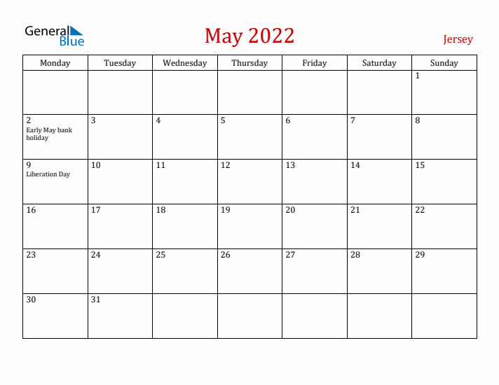 Jersey May 2022 Calendar - Monday Start